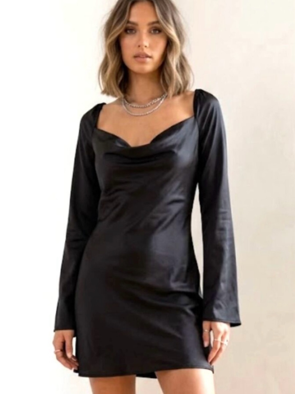 Princess Polly 10 Black Satin Long Sleeve Cowl Neck Whimsigoth Preppy Mini Dress